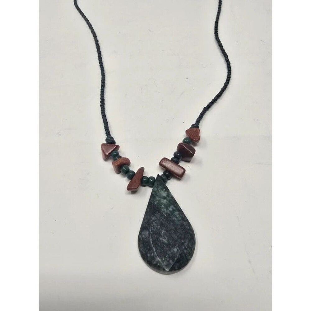 Boho Teardrop Stone Pendant Necklace with Terracotta & Black Beads